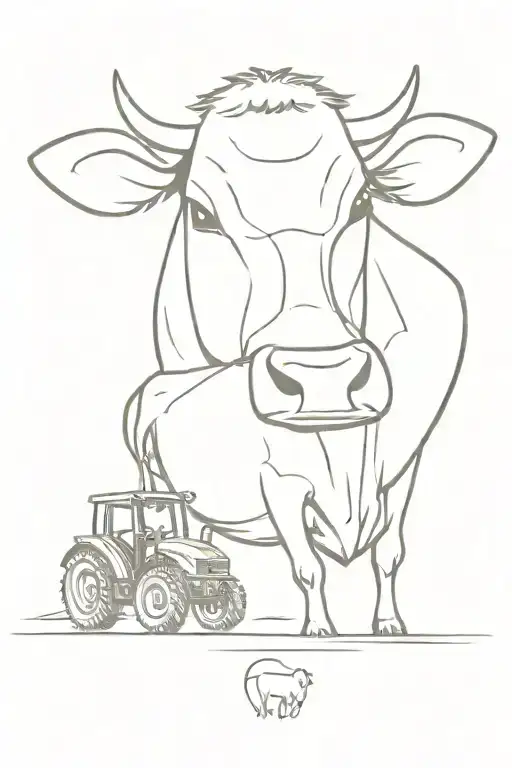 An abstract representation of a cow and tractor merging together, showcasing the farmer's connection to both aspects of their life tattoo design idea