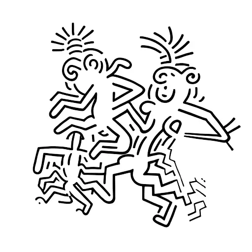 The tattoo features the outline of two lively dancing figures, each resembling the iconic style of Keith Haring's artwor tattoo design idea