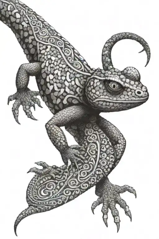 An intricate dotwork tattoo of a lizard blending into a Greek mosaic pattern tattoo design idea