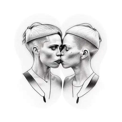 side profiles of a butch and femme lesbian couple leaning into kiss each other tattoo design idea