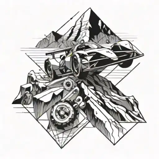 A geometric tattoo design featuring a Formula 1 car speeding through a mountain pass, with engineering symbols and tools subtly incorporated into the design tattoo design idea