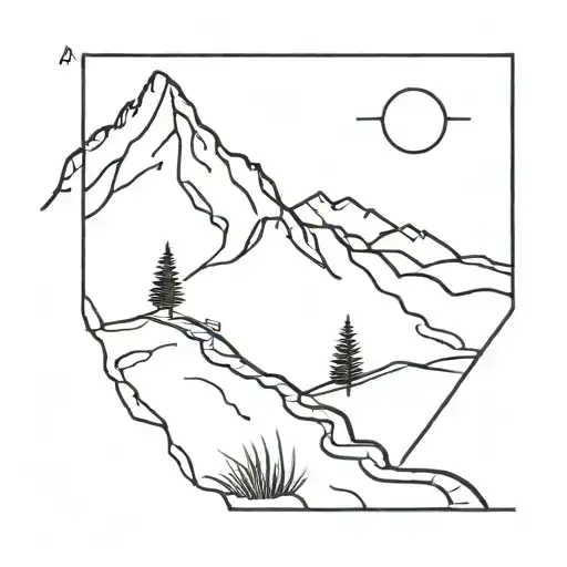 A minimalist tattoo design featuring a winding hiking trail leading up to a mountain peak, with the silhouette of a Formula 1 car speeding along the path tattoo design idea