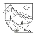 A minimalist tattoo design featuring a winding hiking trail leading up to a mountain peak, with the silhouette of a Formula 1 car speeding along the path tattoo design idea