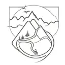 A minimalist tattoo design featuring a winding hiking trail leading up to a mountain peak, with the silhouette of a Formula 1 car speeding along the path tattoo design idea