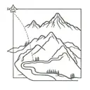 A minimalist tattoo design featuring a winding hiking trail leading up to a mountain peak, with the silhouette of a Formula 1 car speeding along the path tattoo design idea