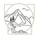 A minimalist tattoo design featuring a winding hiking trail leading up to a mountain peak, with the silhouette of a Formula 1 car speeding along the path tattoo design idea