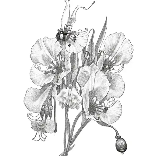 3 Philaethria dido butterflies surrounded by gladiolus and poppy flowers tattoo design idea