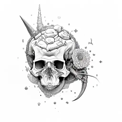 dinosaur with flowers embedded in the skull in aeometric and sketch style tattoo design idea