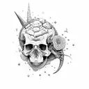 dinosaur with flowers embedded in the skull in aeometric and sketch style tattoo design idea