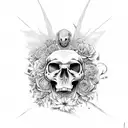 dinosaur with flowers embedded in the skull in aeometric and sketch style tattoo design idea