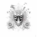 dinosaur with flowers embedded in the skull in aeometric and sketch style tattoo design idea