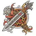 Create a striking tattoo design that combines the Mea Culpa sword from the game Blasphemous with the neo-tribal style. T tattoo design idea