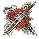 Create a striking tattoo design that combines the Mea Culpa sword from the game Blasphemous with the neo-tribal style. T tattoo design idea