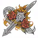 Create a striking tattoo design that combines the Mea Culpa sword from the game Blasphemous with the neo-tribal style. T tattoo design idea