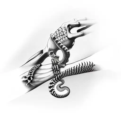 half skeleton hand with snake wrapped around wrist tattoo design idea