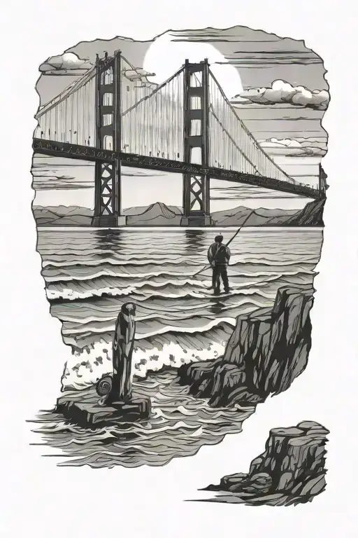 golden gate bridge with man fishing off pier looking on sunset tattoo design idea