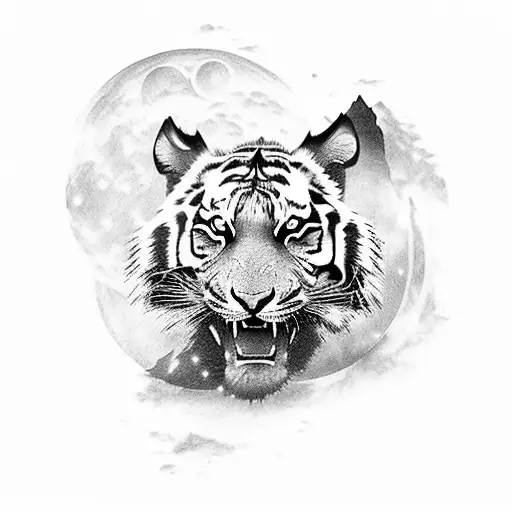 A majestic tiger playing a guitar on a moonlit hill tattoo design idea