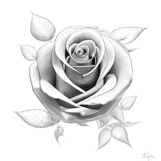A meaningful black and grey design depicting a rose in full bloom, with the birth and passing dates of your first born c tattoo design idea