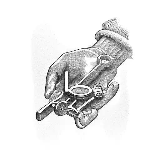 A mechanic's hand holding a wrench, with nature scenes reflecting in the shiny metal tattoo design idea