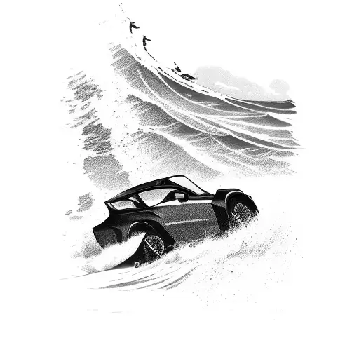 A sleek and powerful car racing against crashing waves on a beach tattoo design idea