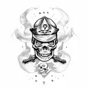 angry skeleton steering a pirate ship facing left tattoo design idea