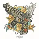  uzi gun with prada logo pattern tattoo design idea