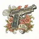  uzi gun with prada logo pattern tattoo design idea