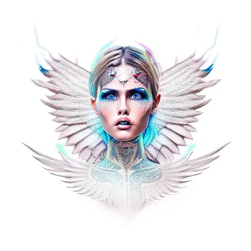 woman's face valkerie with wings tattoo design idea