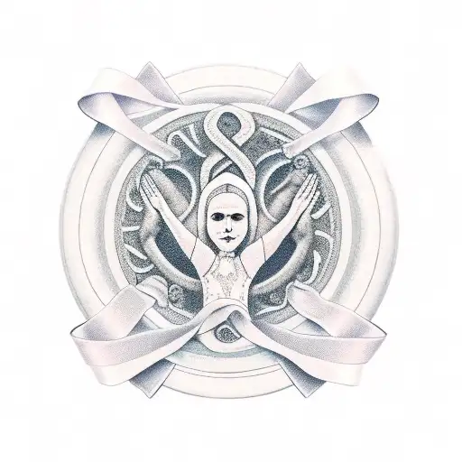 hands in prayer pose with ribbon with the inscription momento mori tattoo design idea