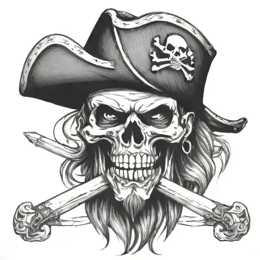 human pirate with black skull and bones hat with a cutlass in mouth facing forward tattoo design idea