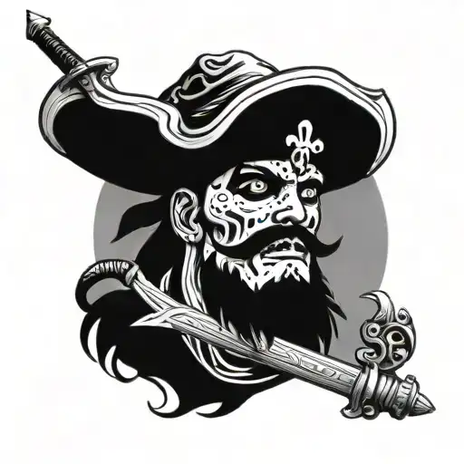 pirate with hat and sword in mouth tattoo design idea
