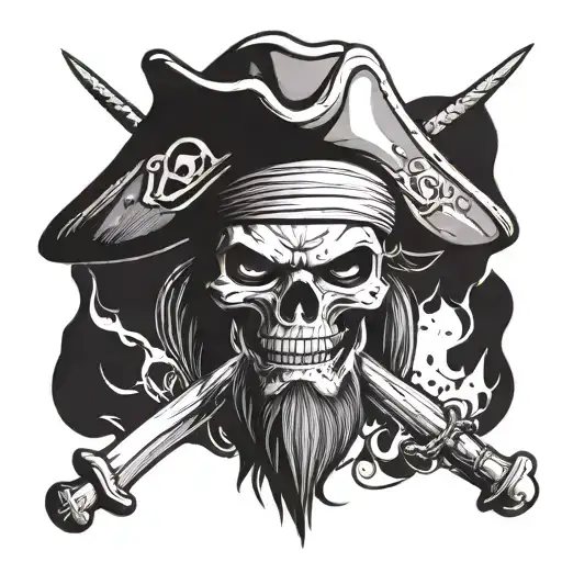human pirate with black skull and bones hat with a cutlass in mouth facing forward tattoo design idea