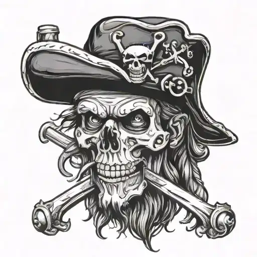 pirate with black skull and bones hat with a dagger or sword in his mouth tattoo design idea