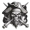 human pirate with black skull and bones hat with a cutlass in mouth facing forward tattoo design idea
