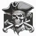 human pirate with black skull and bones hat with a cutlass in mouth facing forward tattoo design idea