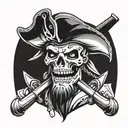 human pirate with black skull and bones hat with a cutlass in mouth facing forward tattoo design idea