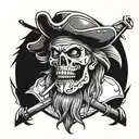 human pirate with black skull and bones hat with a cutlass in mouth facing forward tattoo design idea