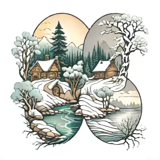 summer and winter landscape tattoo design idea
