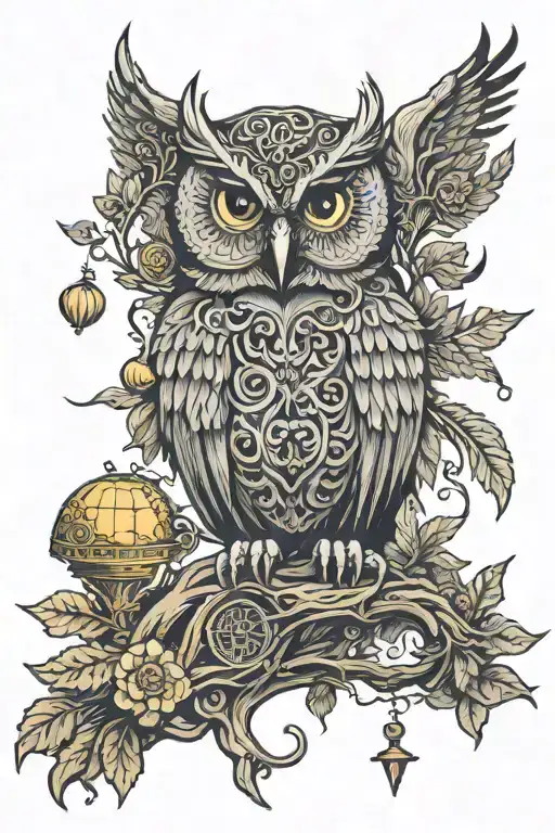 Owl, tree of life intertwined, guardian angel, viking castle, bells, sun tattoo design idea