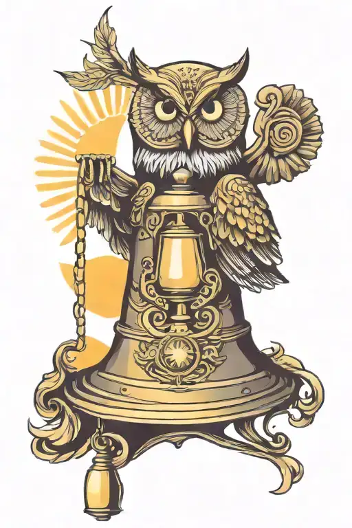 A mystical owl perched on a bell under a radiant sun symbolizing protection and guidance tattoo design idea
