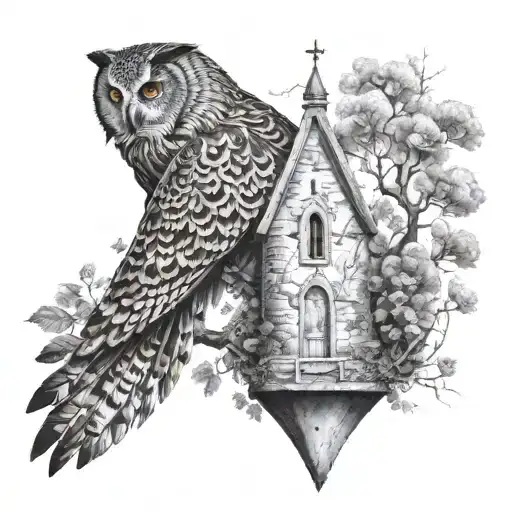 Mother owl nested in a bell tower Irish castle surrounded by trees and water tattoo design idea