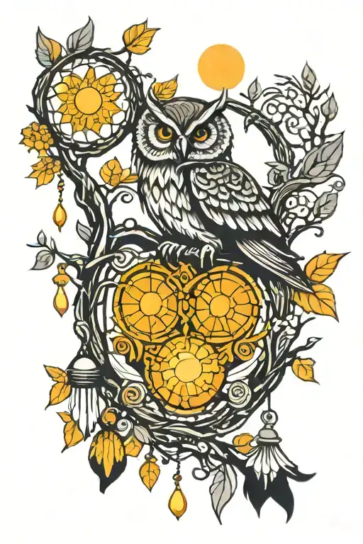 Owl, tree of life intertwined, guardian angel, viking castle, bells, sun, dream catcher  tattoo design idea
