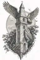 Mother owl nested in a bell tower Irish-viking castle surrounded by trees and water, angels looking down, knowledge wise tattoo design idea