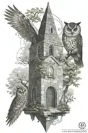 Mother owl nested in a bell tower Irish-viking castle surrounded by trees and water, angels looking down, knowledge wise tattoo design idea