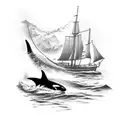 a boat on the sea with an orca tattoo design idea