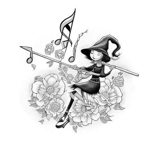 A black-grey tattoo of a witch riding a broomstick over a field of blooming flowers and musical instruments tattoo design idea