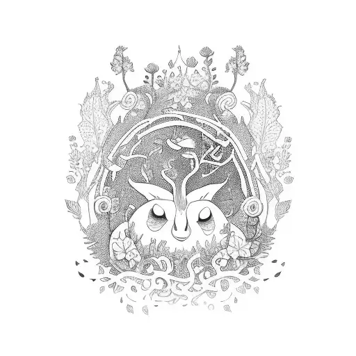 A whimsical garden filled with enchanted plants and animals tattoo design idea