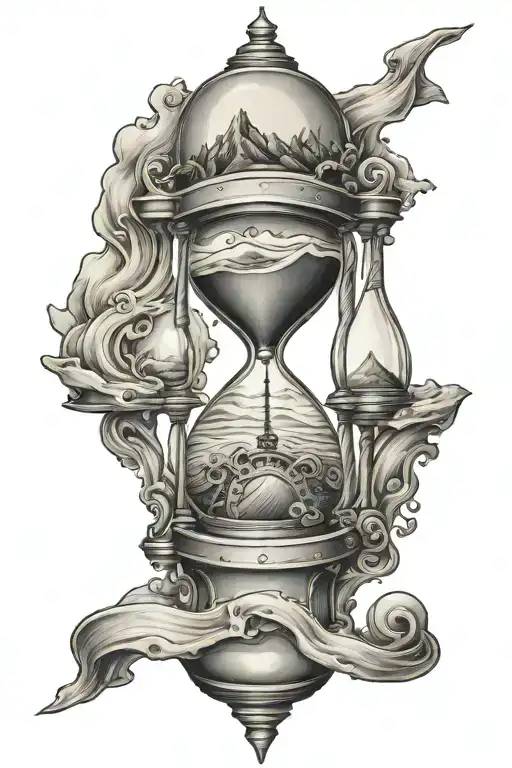 steampunk hourglass with the sand creating mountains  tattoo design idea