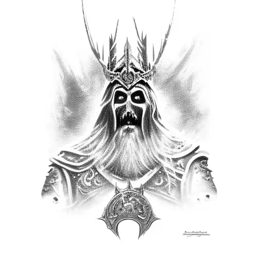 Arthas Menethil, the Lich King, wielding Frostmourne with an icy blue aura tattoo design idea