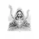 Arthas Menethil, the Lich King, wielding Frostmourne with an icy blue aura tattoo design idea